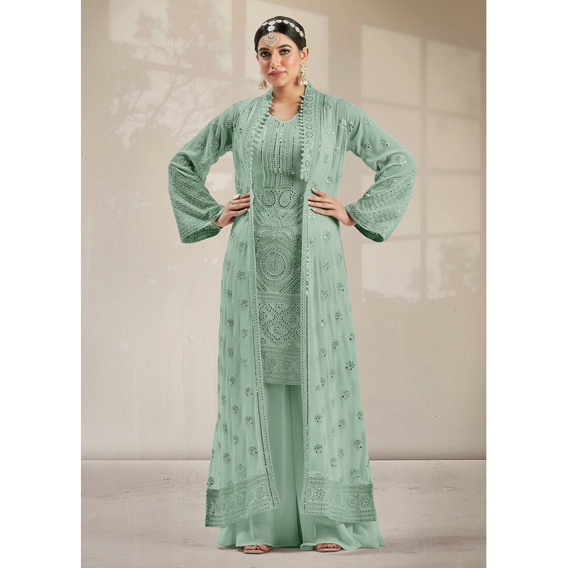 Excellent Party Style Aqua Green Jacket Style Palazzo Suit