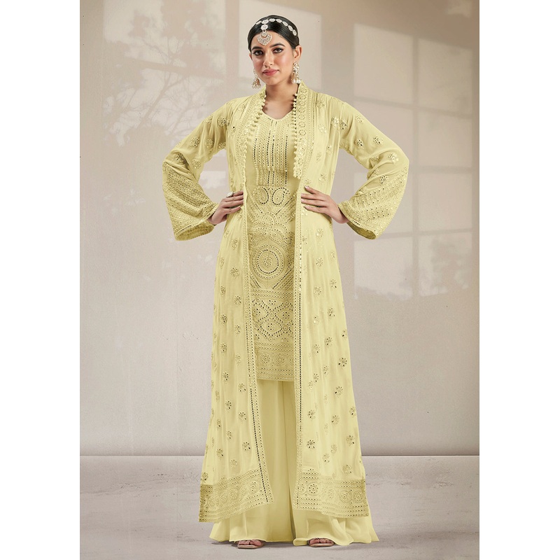 Excellent Party Style Lime Yellow Jacket Style Palazzo Suit