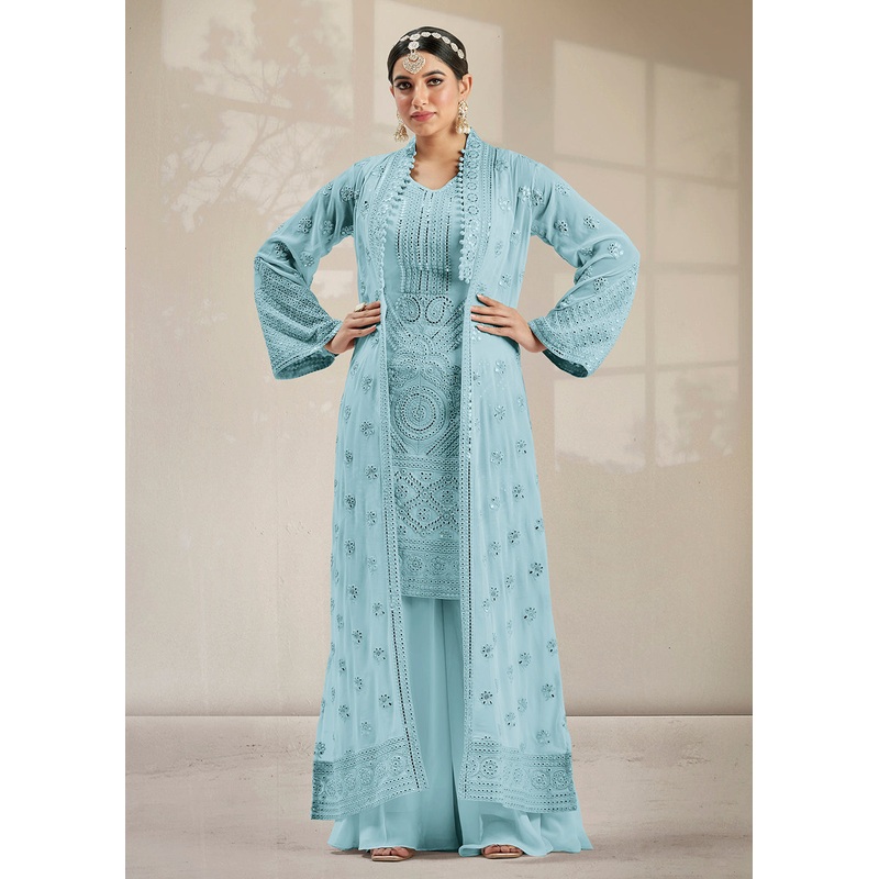 Excellent Party Style Sky Blue Jacket Style Palazzo Suit