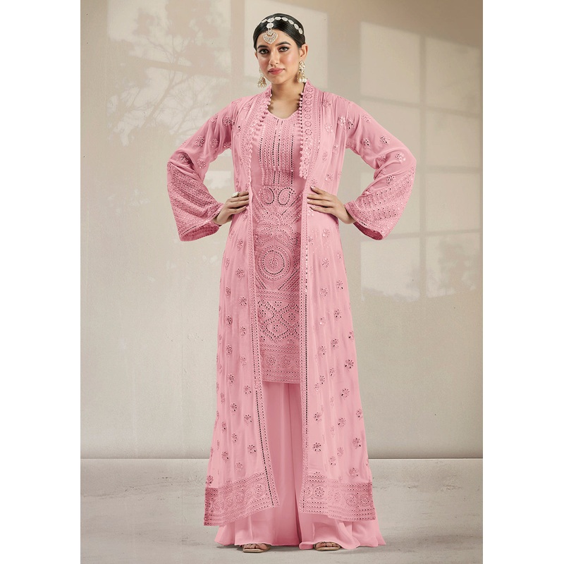 Excellent Party Style Soft Pink Jacket Style Palazzo Suit