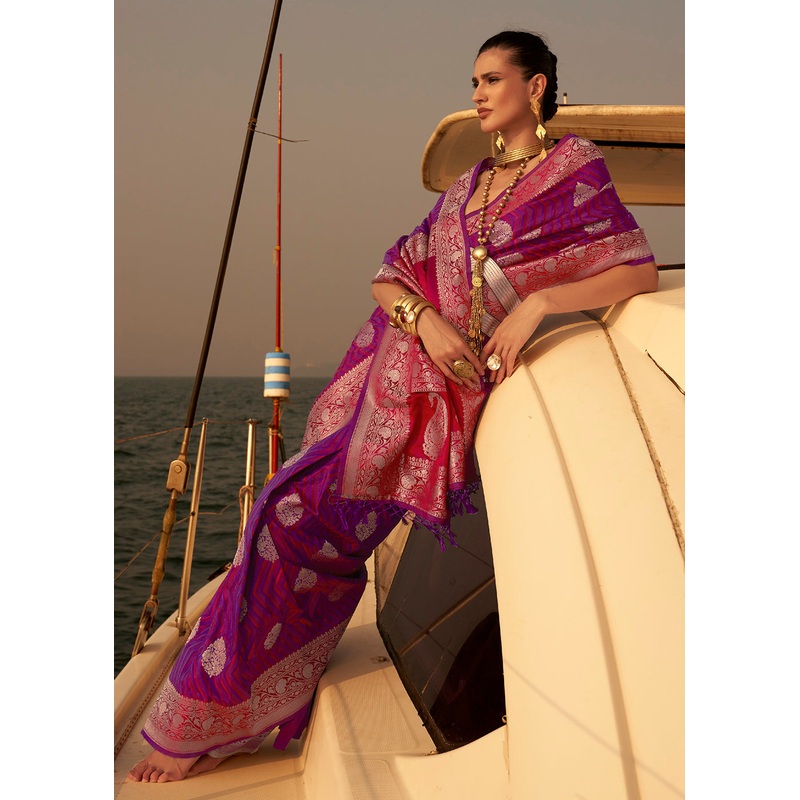 Exquisite Violet-Pink Pure Satin Silk Two Tone Weaving Saree