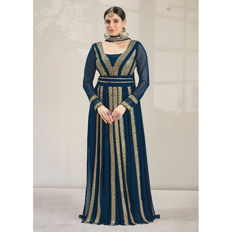 Fascinating Party Style Blue Gathered Style Anarkali Suit