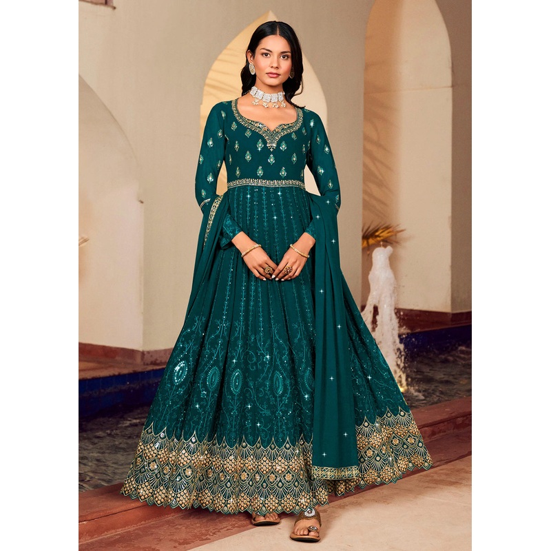 Floor Length Classic Teal Wedding Wear Anarkali Suit