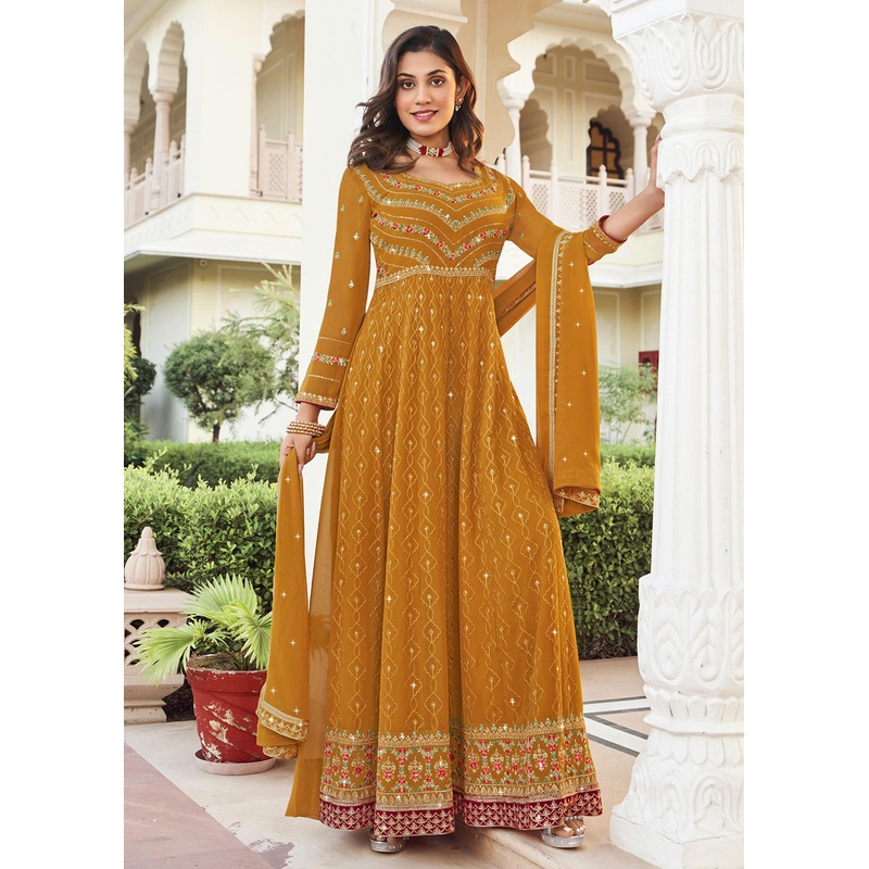 Floor Length Tempting Mustard Wedding Wear Anarkali Suit