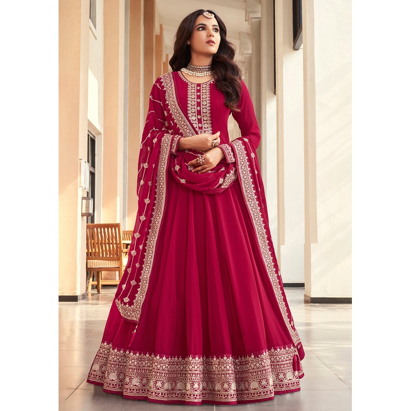 Georgette Magenta Pink Embroidered Indian Long Anarkali Dress