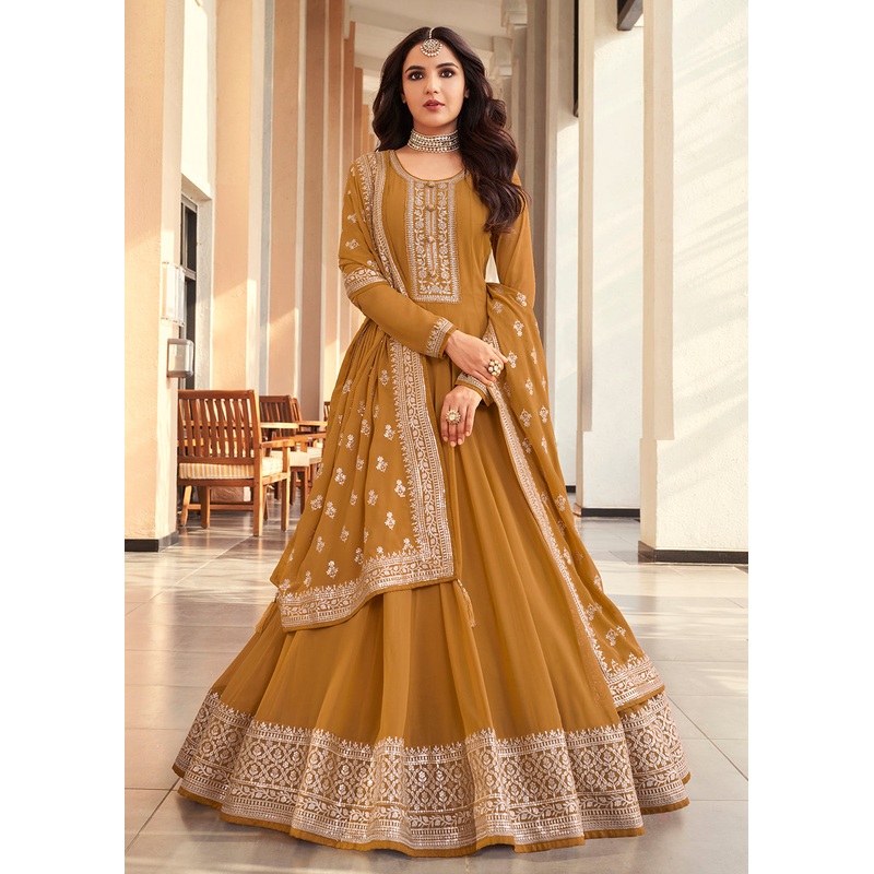 Georgette Mustard Yellow Embroidered Indian Long Anarkali Dress
