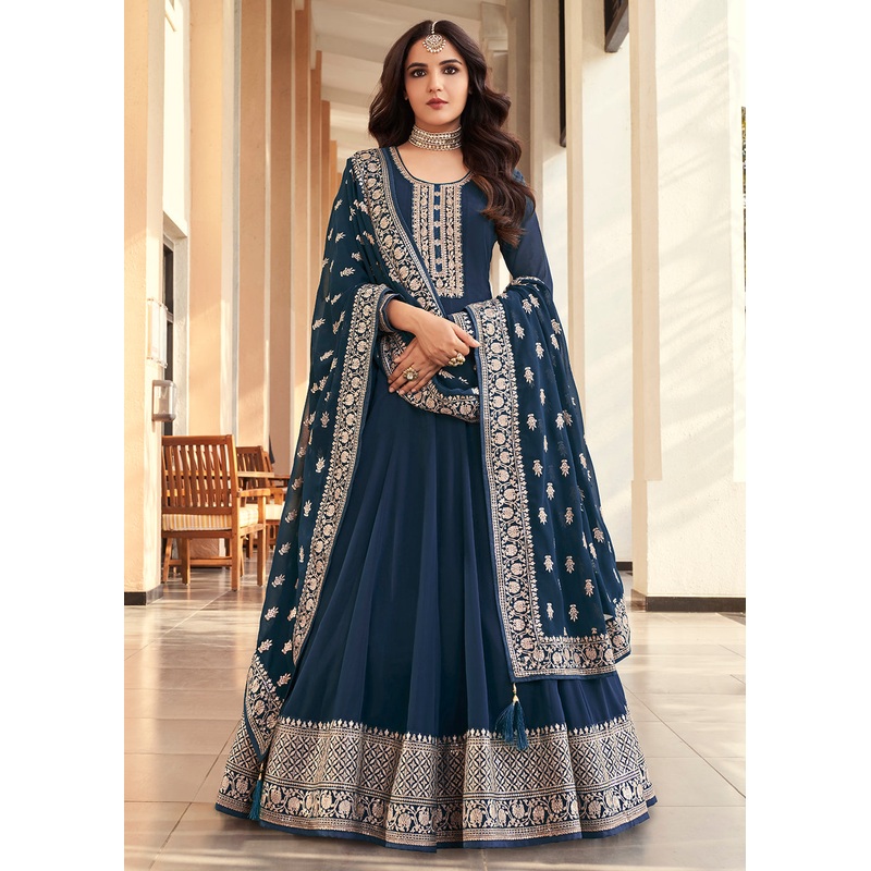 Georgette Navy Blue Embroidered Indian Long Anarkali Dress