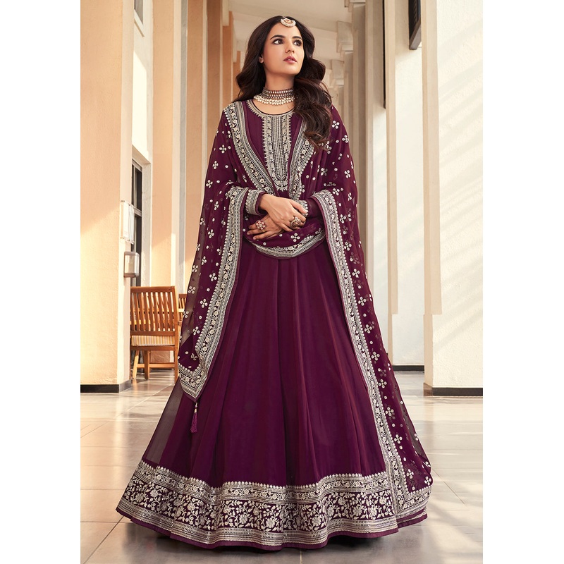 Georgette Wine Purple Embroidered Indian Long Anarkali Dress