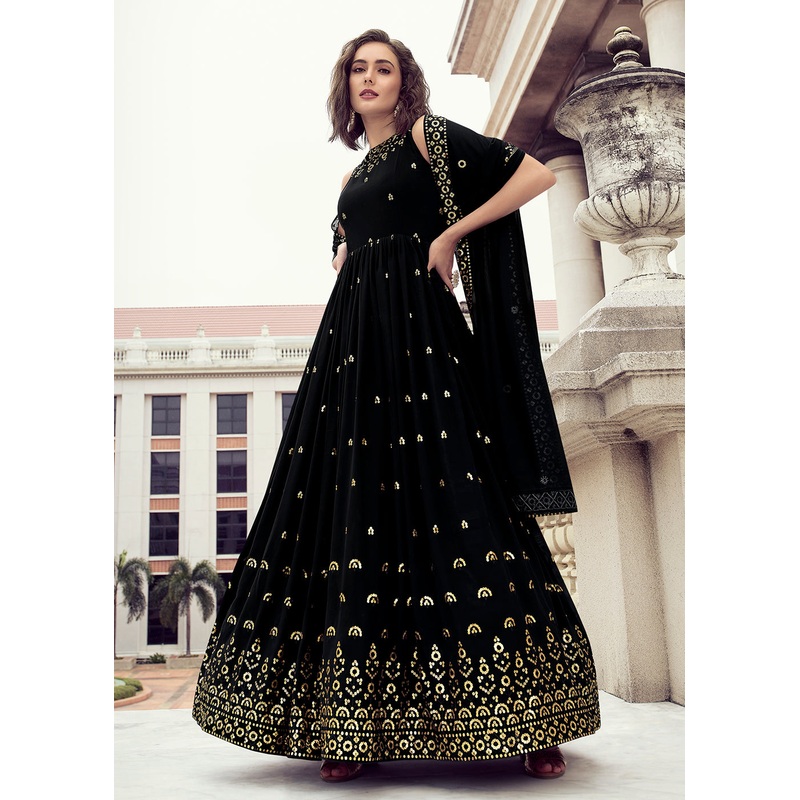Glam Black Georgette Thread & Sequins Wedding Party Gown
