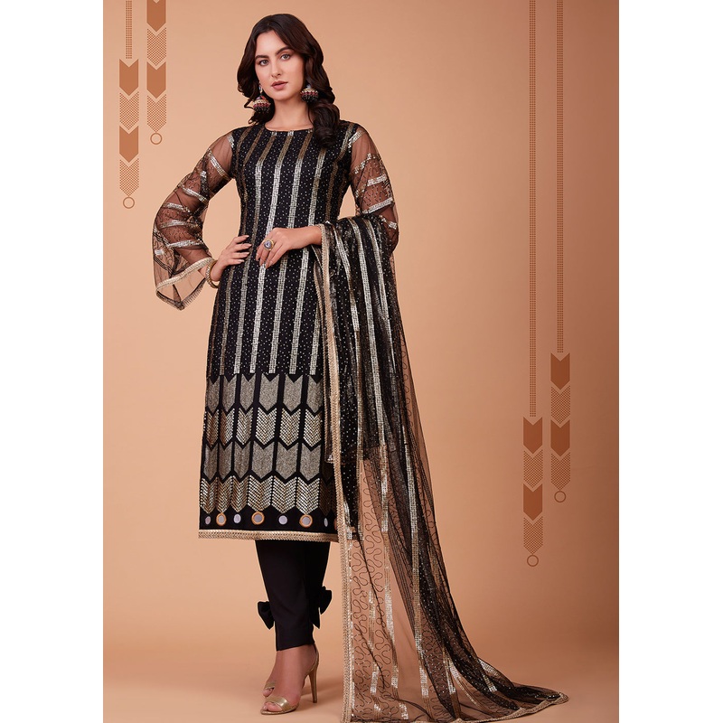 Glamorous Black Tone to Tone Thread Net Salwar Kameez