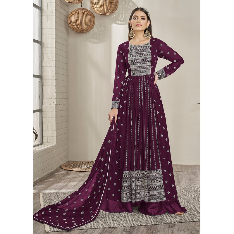 Glamourous Party Style Violet Long Top Style Palazzo Suit