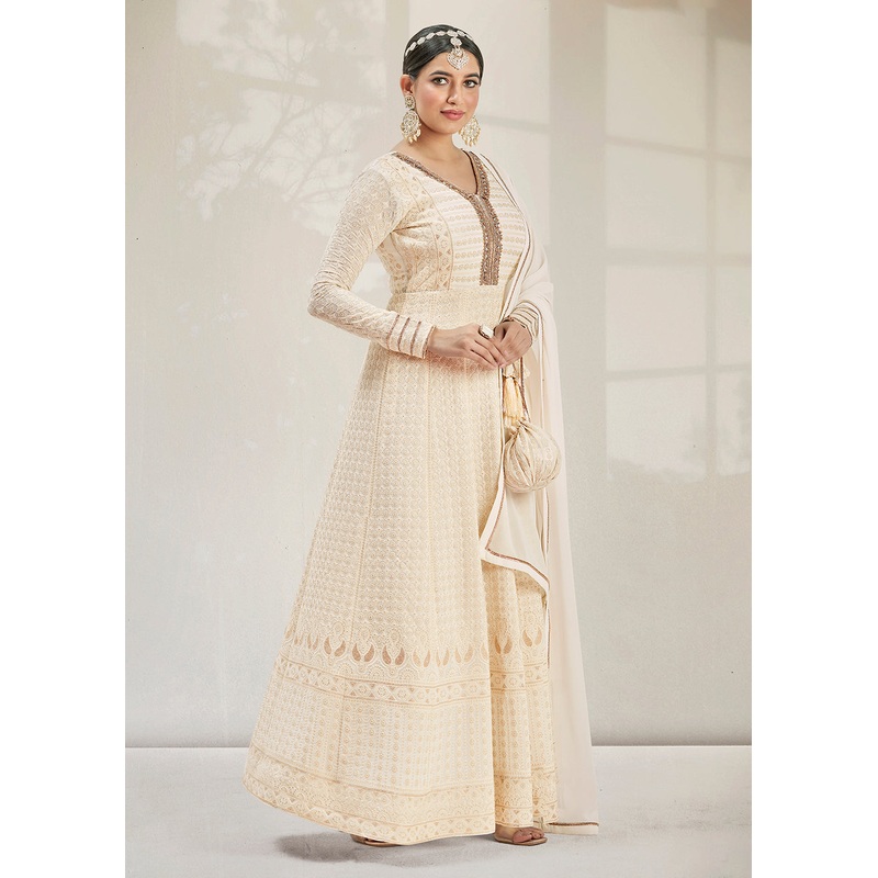 Glittering Party Style Pearl White Traditional Embroidered Anarkali Suit