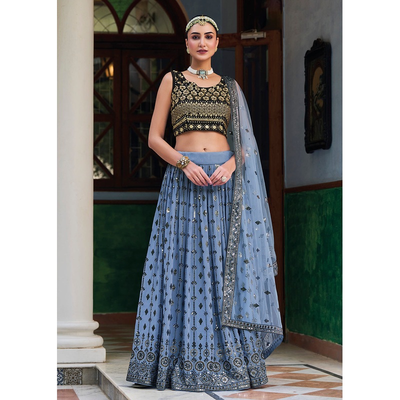 Gorgeous Blue & Black Heavy Embroidery Wedding Party Lehenga