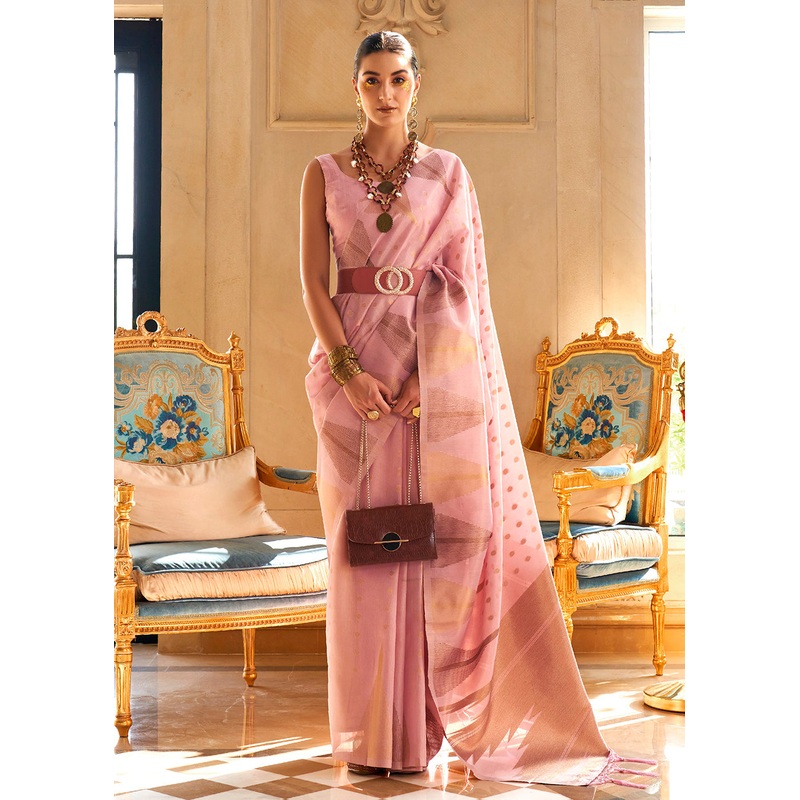 Gorgeous Light-Pink Tissue Zari Weaving Bollywood Saree