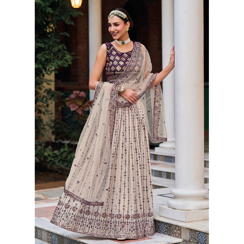 Gorgeous Off White & Purple Heavy Embroidery Wedding Party Lehenga