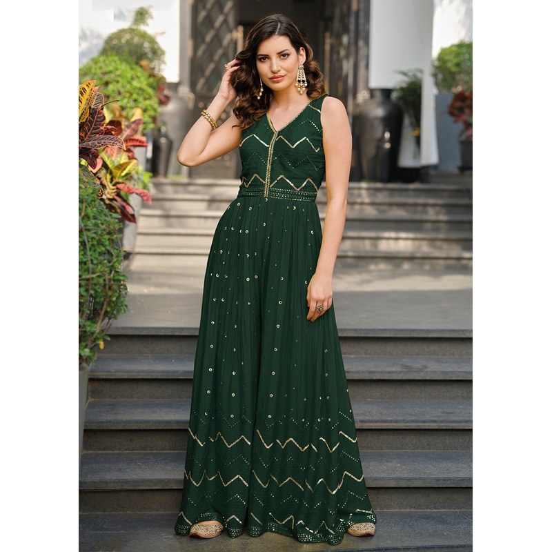 Green Indo-Western Embroidered Chinon Jumpsuit