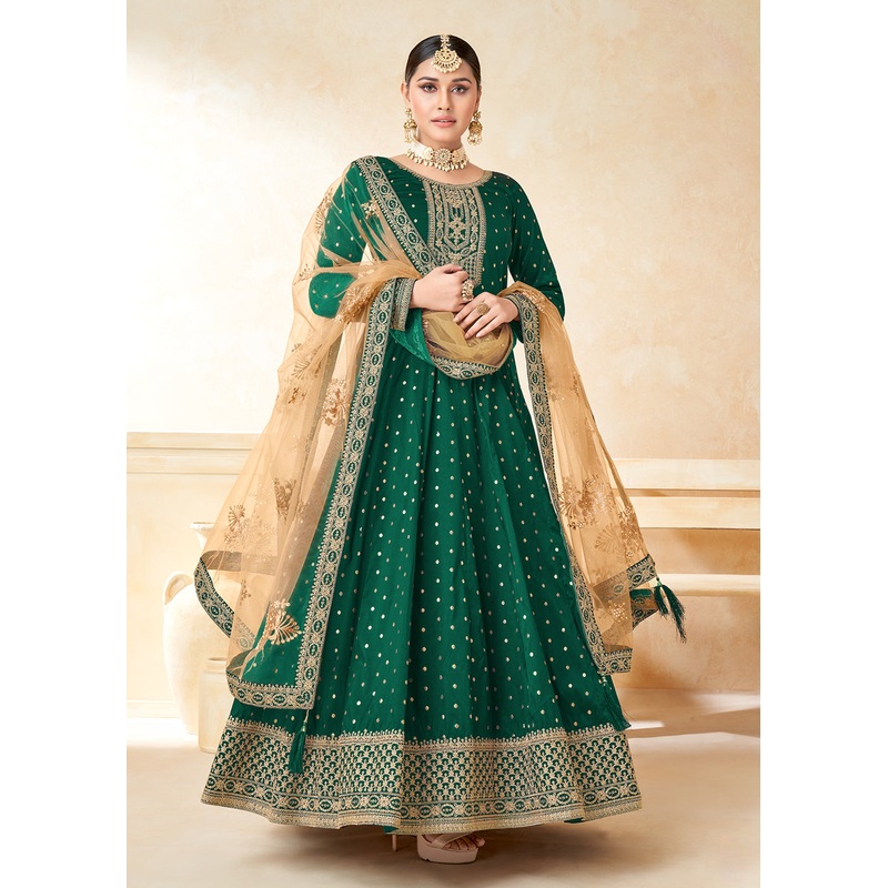 Green Silk Embroidered Indian Ethnic Wear Anarkali Dress