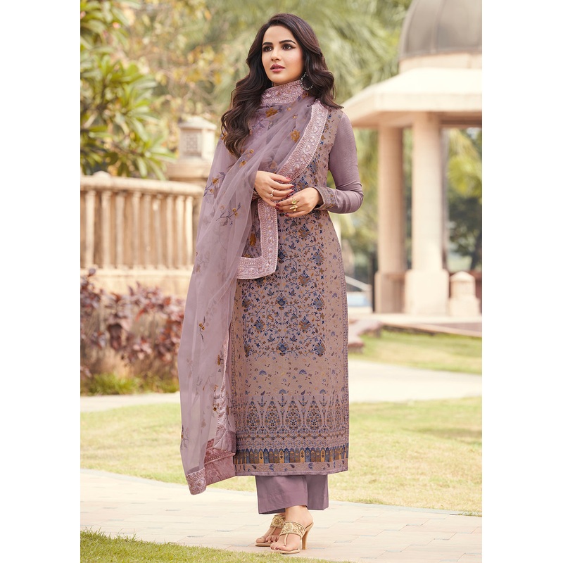Greyish Purple Viscose Jacquard Pant Style Salwar Kurta Set