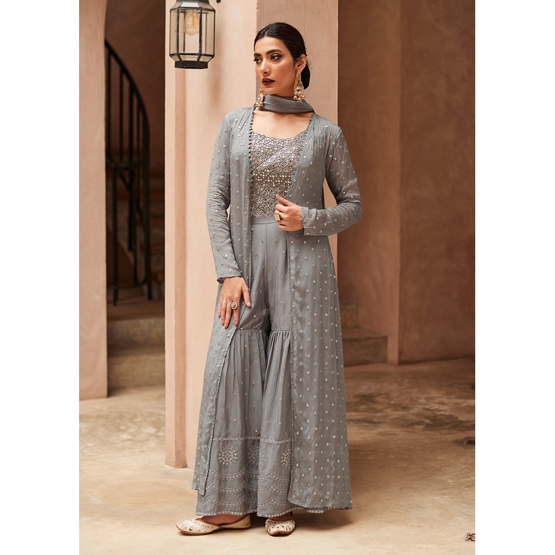 Incredible Grey Jacket Style Gharara Style Palazzo Suit