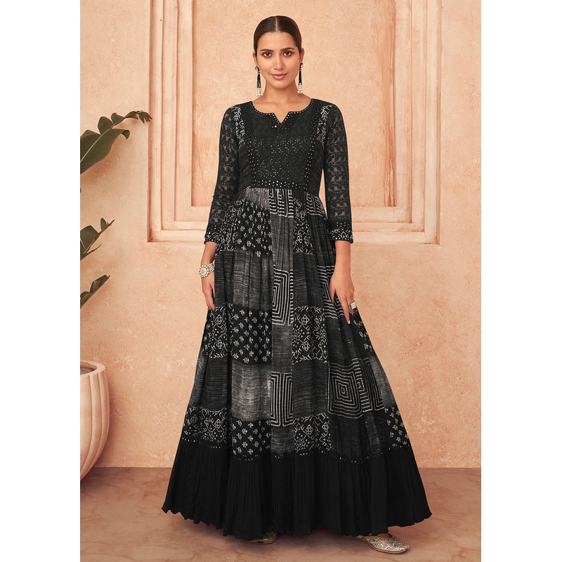 Inventive Black Georgette Embroidered Wedding Wear Gown