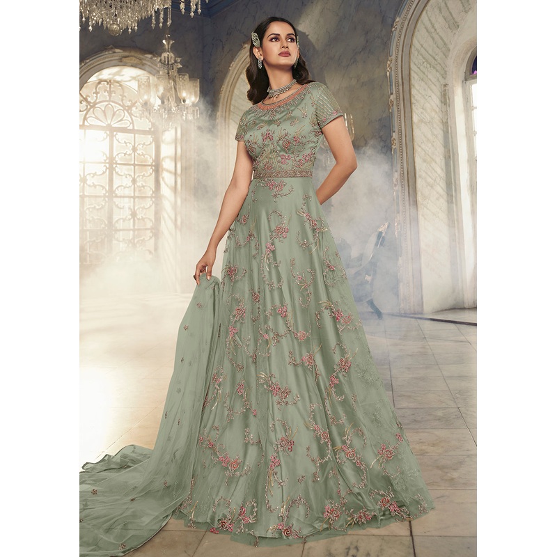 Light Green Wedding Party Net Designer Anarkali Suit