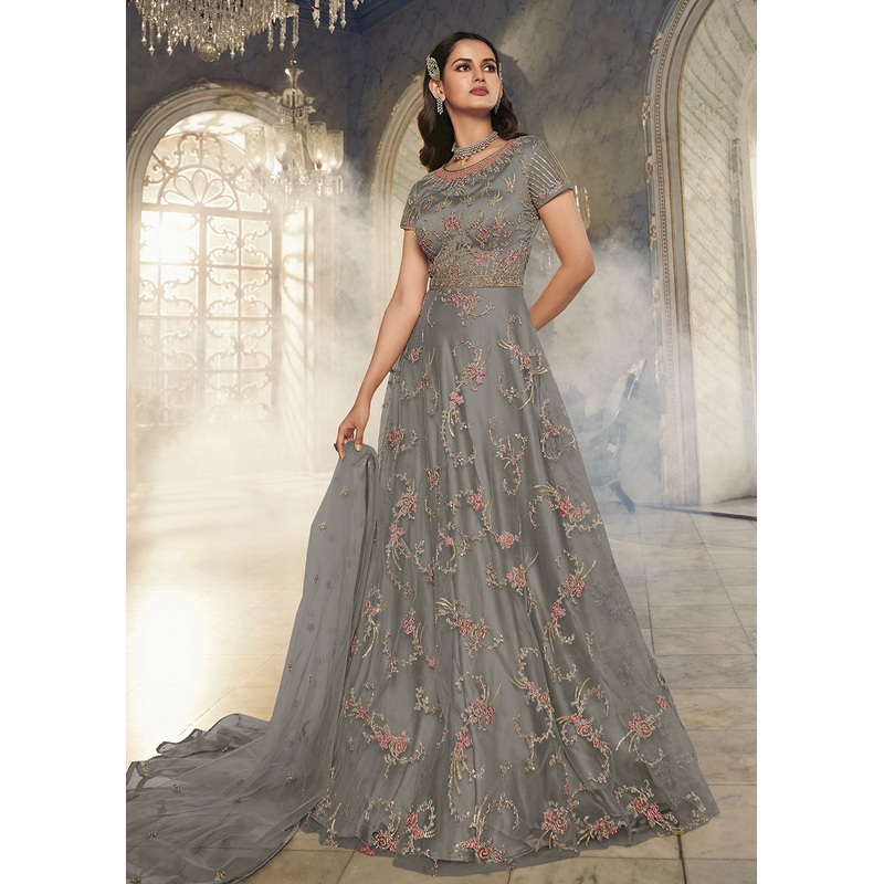 Light Grey Wedding Party Net Designer Anarkali Suit