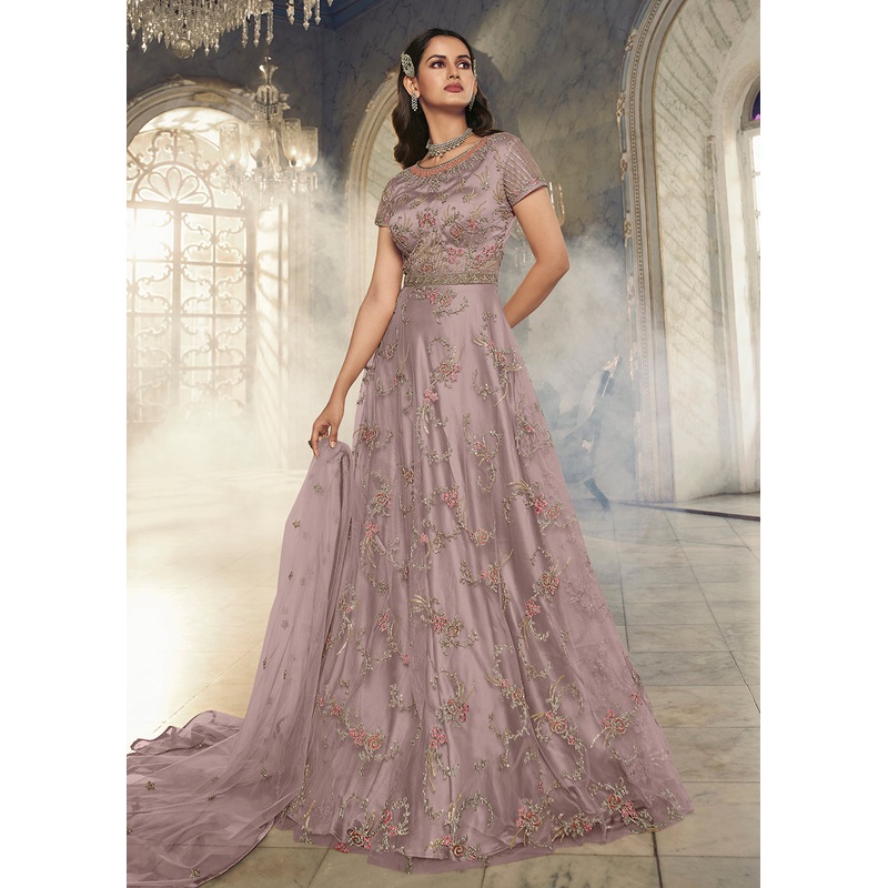 Light Mauve Wedding Party Net Designer Anarkali Suit
