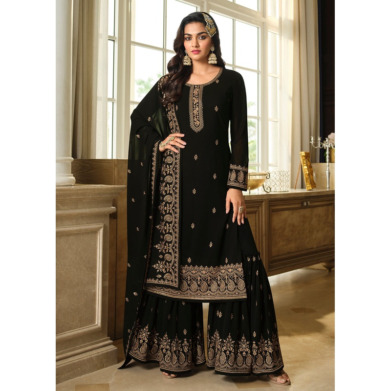 Lovely Black Embroidered Georgette Pakistani Gharara Suit