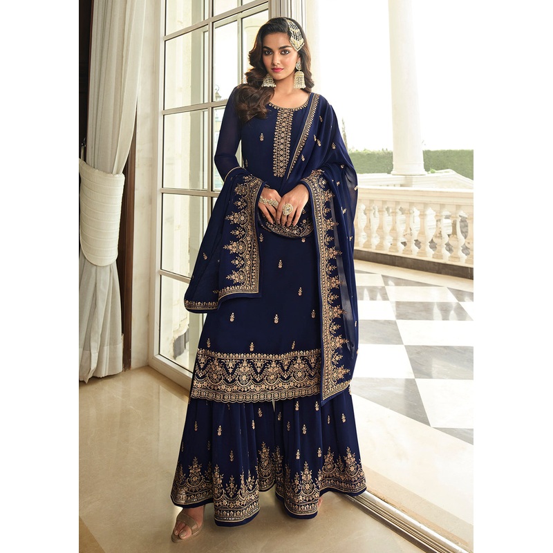 Lovely Blue Embroidered Georgette Pakistani Gharara Suit