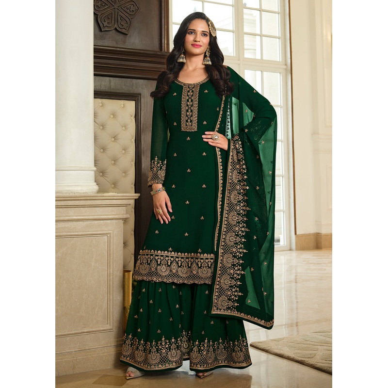 Lovely Green Embroidered Georgette Pakistani Gharara Suit