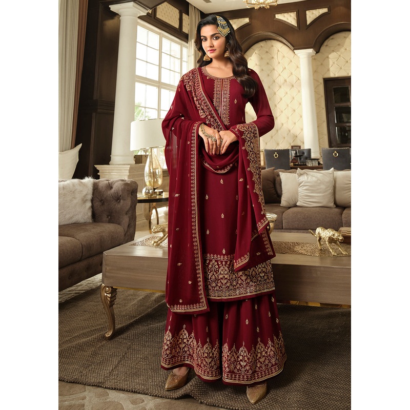 Lovely Maroon Embroidered Georgette Pakistani Gharara Suit