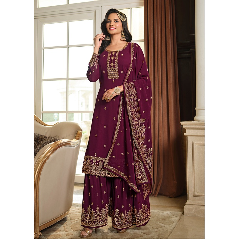 Lovely Plum Wine Embroidered Georgette Pakistani Gharara Suit