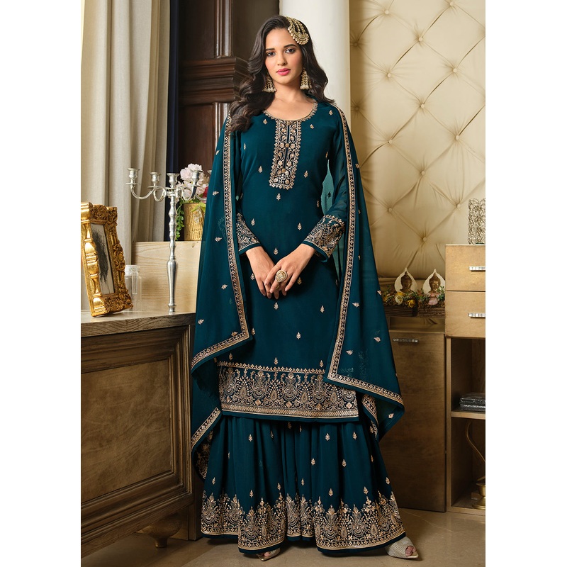 Lovely Teal Blue Embroidered Georgette Pakistani Gharara Suit