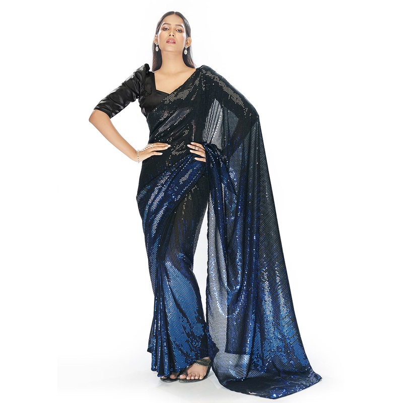 Luxe Black & Blue Georgette Sequins Party Wear Saree