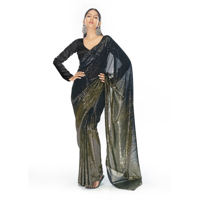 Luxe Black & Golden Georgette Sequins Party Wear Saree