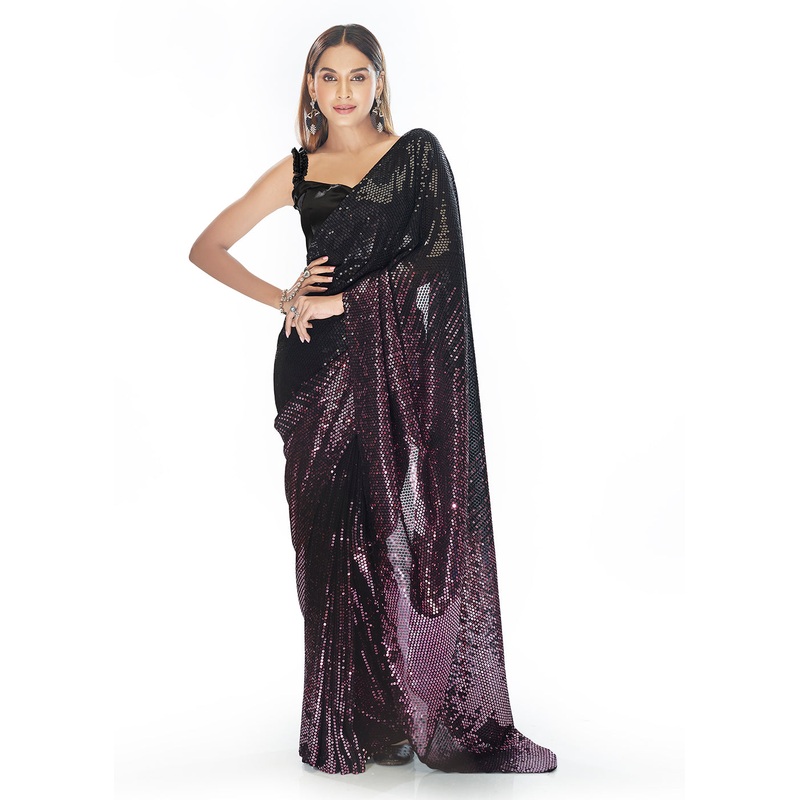 Luxe Black & Purple Georgette Sequins Party Wear Saree