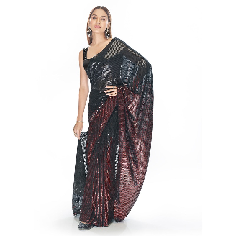 Luxe Black & Red Georgette Sequins Party Wear Saree