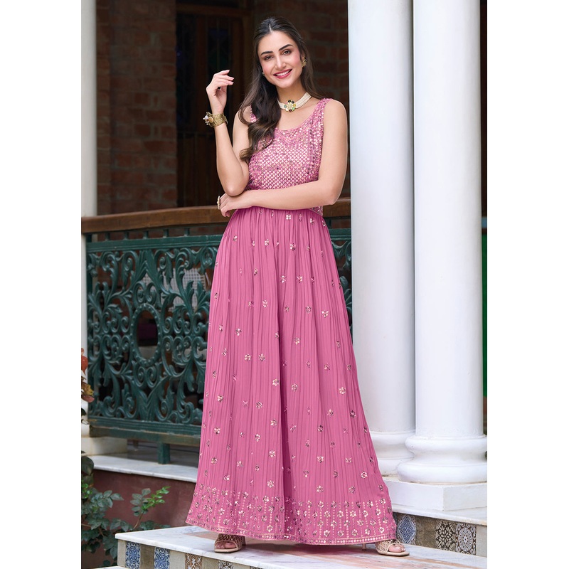 Mauve Pink Indo-Western Embroidered Georgette Jumpsuit