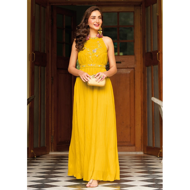 Mustard Yellow Georgette Embellished Indo Western Maxi Gown