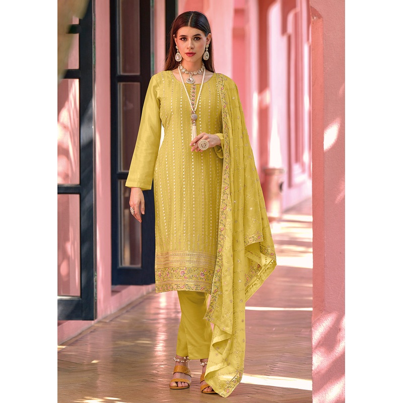 Pakistani Style Brilliant Yellow Embroidered Eid Wear Kurta Set
