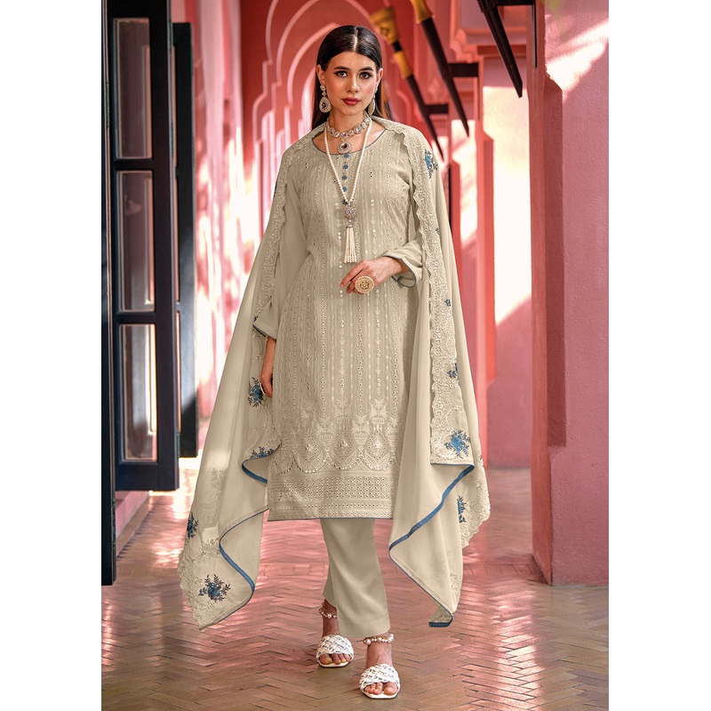 Pakistani Style Elegant Grey Embroidered Eid Wear Kurta Set