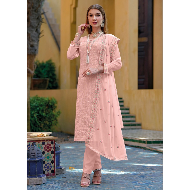 Pakistani Style Splendid Peach Embroidered Eid Wear Kurta Set
