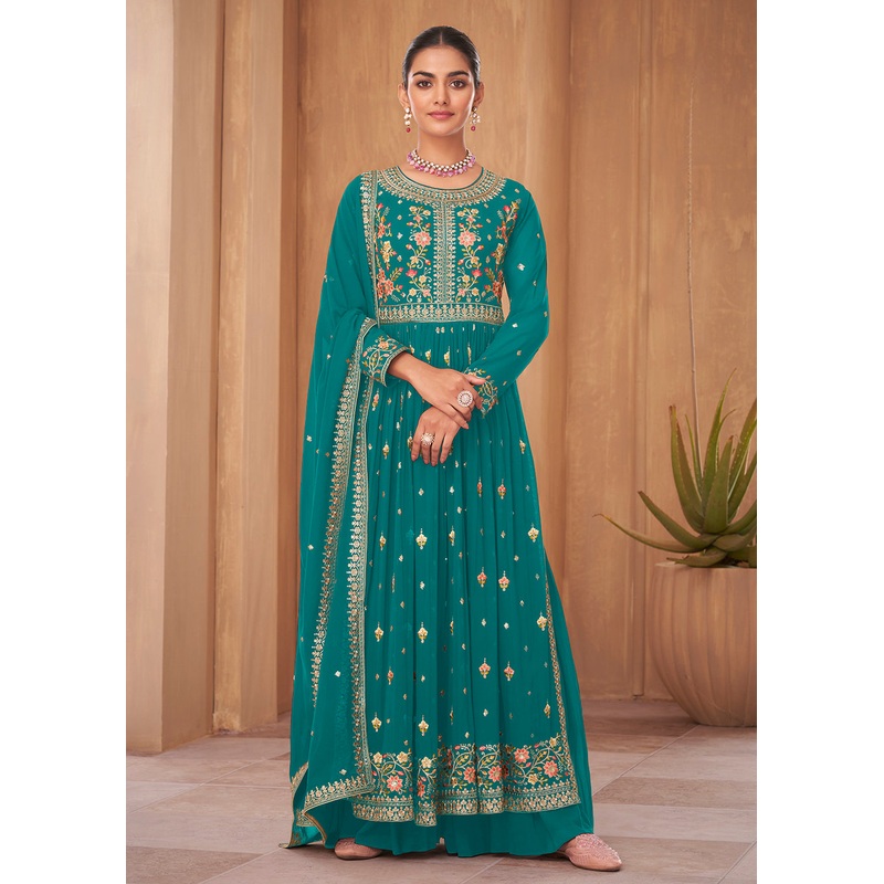 Party Style Turquoise Blue Georgette Palazzo Salwar Kurta
