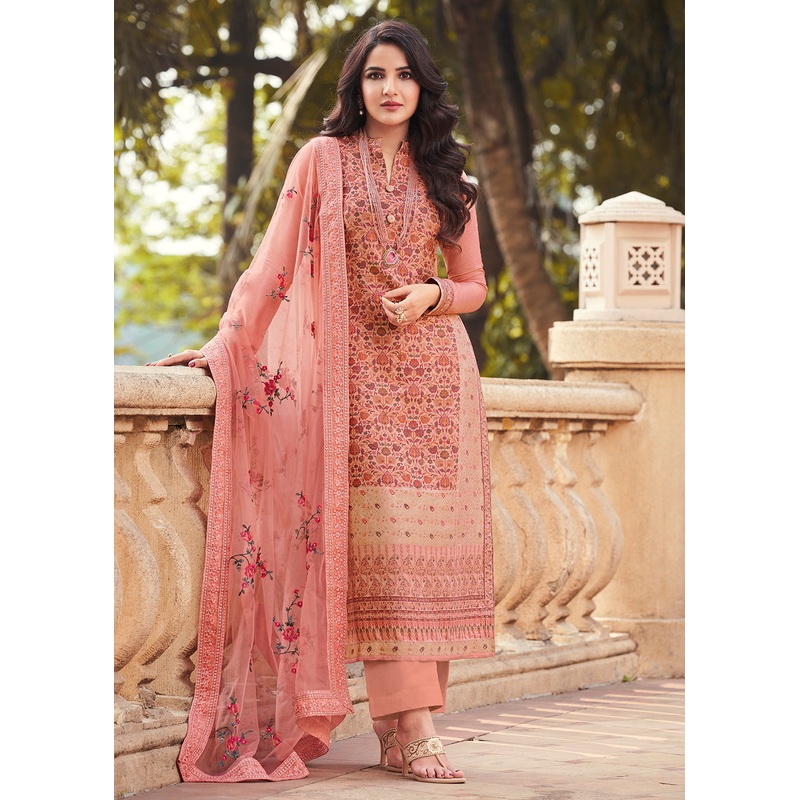 Peachy Pink Viscose Jacquard Pant Style Salwar Kurta Set