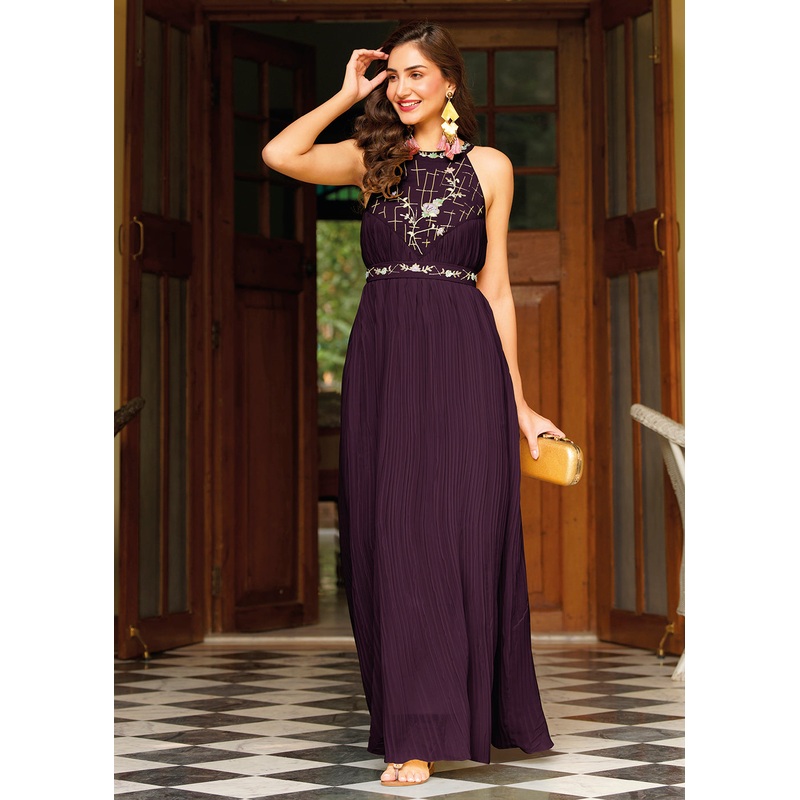 Plum Purple Georgette Embellished Indo Western Maxi Gown