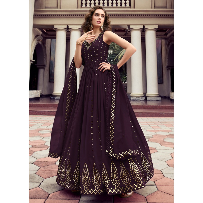 Plum Purple Georgette Thread & Sequins Wedding Party Gown