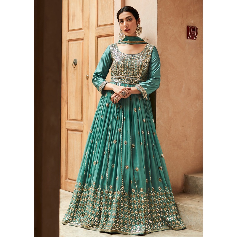 Premium Georgette Aqua Green Embellished Anarkali Dress