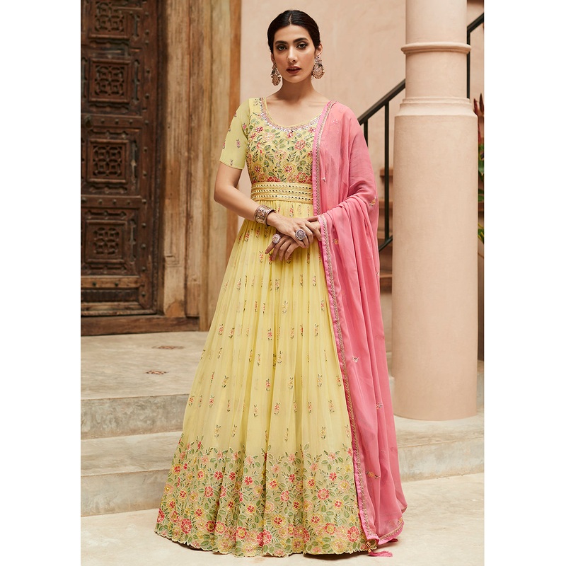 Premium Georgette Light Yellow Embellished Anarkali Dress