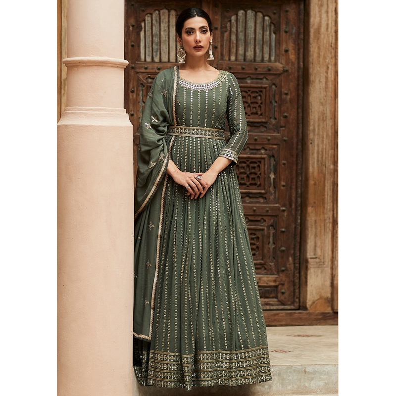 Premium Georgette Olive Green Embellished Anarkali Dress