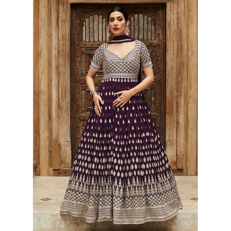 Premium Georgette Plum Purple Embellished Anarkali Dress